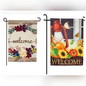 NWT EVERGREEN Fall Stripes & Harvest Lantern Welcome Garden Flag Bundle
